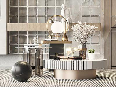 Elegant Modern Coffee Table With Metal And Marble Top Decorative Vase Books Statue On Rug 3d model