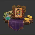 Decorative Household Items With Scrolls Bottles Candles And Gem Frame On Purple Cloth