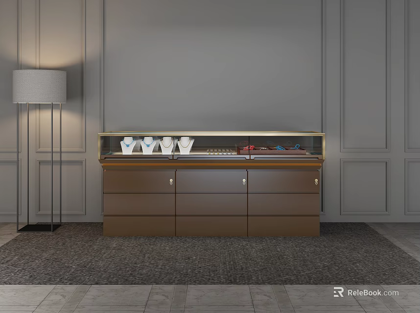 Stylish Brown Display Cabinet with Floor Lamp Drawers Cabinets and Display Items on Gray Wall 3d model 