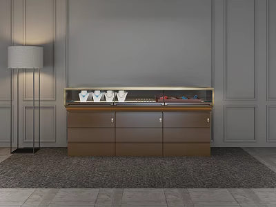 Stylish Brown Display Cabinet with Floor Lamp Drawers Cabinets and Display Items on Gray Wall 3d model