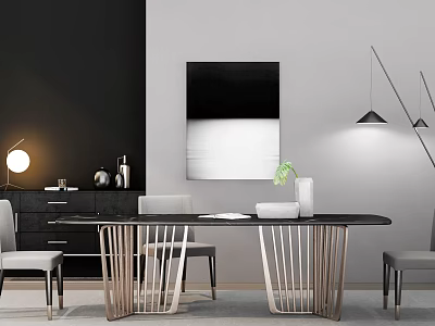 Modern Dining Table Set With Metal Frame Chairs Artwork And Pendant Lights 3d model