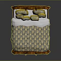 Classic Wooden Carved Bed With Blue Yellow Quilt White Sheets And Yellow Pillows