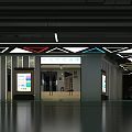 Modern Parking Lot Entrance Featuring Colorful Geometric Ceiling Design And Green Floor