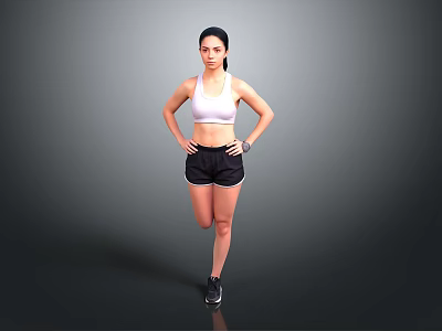 Active Woman in White Sports Bra and Black Shorts Posing with Hands on Hips 3d model