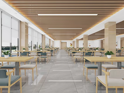 Modern Spacious Cafeteria With Wooden Ceiling And Green Plants 3d model