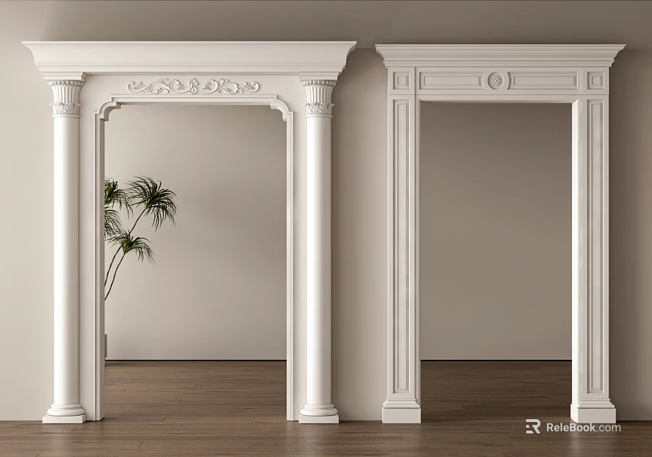White Carved Door Frames With Intricate Details And Green Plant On Wooden Floor 3d model 