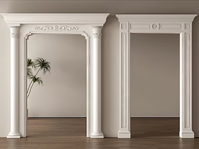 White Carved Door Frames With Intricate Details And Green Plant On Wooden Floor 3d model