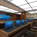 Modern Conference Room With Long Table Laptop Screens Wooden Walls And Landscape Painting