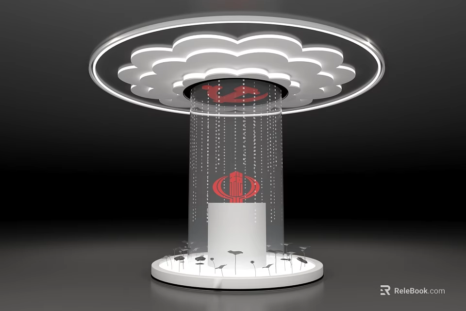 Modern Display Shelf With Cloud Shaped Top Red Logo Lighting And Display Items 3d model