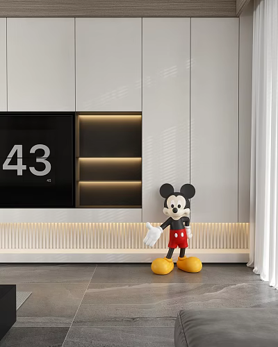 Modern Interior Space with Mickey Mouse Doll in Red Pants Yellow Shoes and White Cabinets 3d model