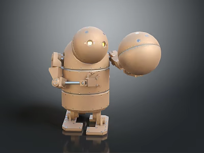 Game and Movie Robot Character with Tan Spherical Head Glowing Eyes and Mechanical Body Design 3d model