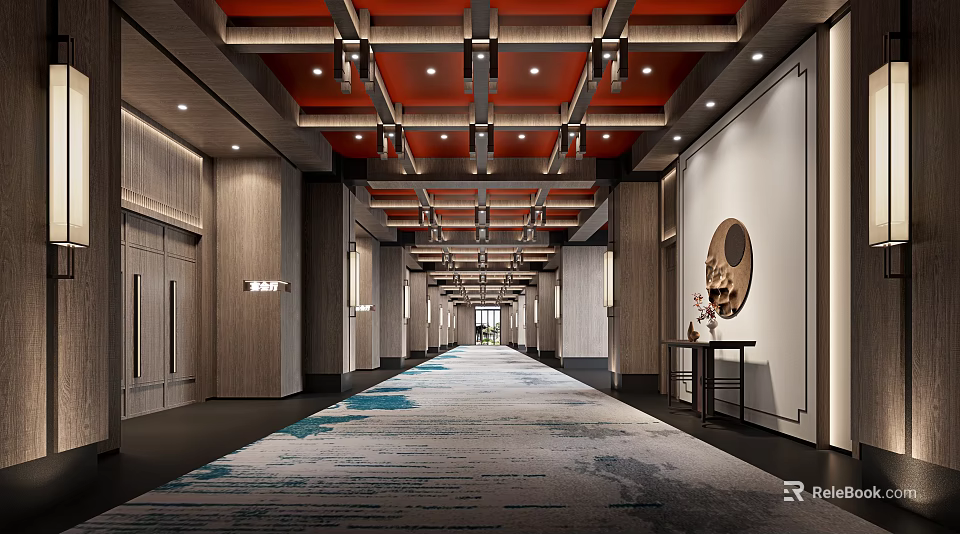Hotel Corridor With Red Ceiling Lighting Wall Art And Patterned Carpet 3d model 