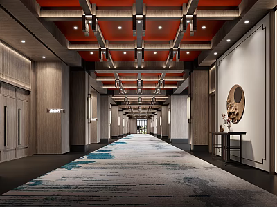 Hotel Corridor With Red Ceiling Lighting Wall Art And Patterned Carpet 3d model