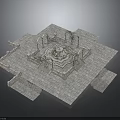 Square Stone Courtyard Design Featuring Central Fountain Plants Steps And Ornamental Walls