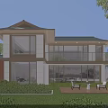 Modern Detached Villa with Two Story Large Glass Windows Sloped Roof Greenery and Outdoor Seating