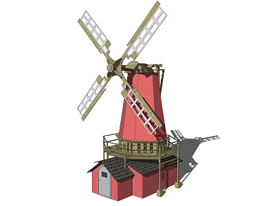Traditional Windmill Architectural Components Including Blades Tower Ladder And Base Cottage 3d model