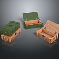 Weapon Storage Boxes Featuring Green Military Cases And Wooden Ammo Containers With Open Lids 3d model