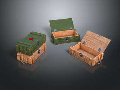 Weapon Storage Boxes Featuring Green Military Cases And Wooden Ammo Containers With Open Lids 3d model