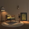 Accent Chair Featuring Floor Lamp Side Table Potted Flowers and Decorative Painting on Light-Colored Wall