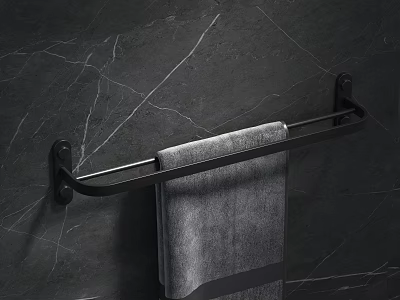 Bathroom Accessories Black Towel Rack On Dark Gray Marble Wall With Gray Towel 3d model
