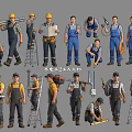 Group of Plumbers Working with Tools Ladders and Pipes in Various Positions