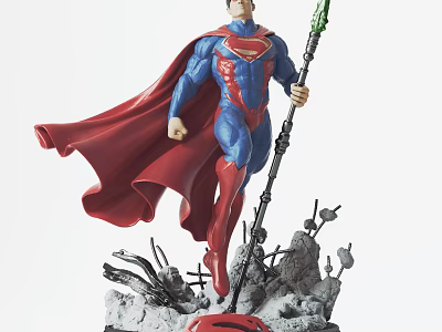 Superman Action Figure With Blue Suit Red Cape Green Staff And Broken Ground Base 3d model