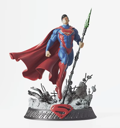 Superman Action Figure With Blue Suit Red Cape Green Staff And Broken Ground Base 3d model