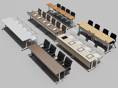 Various Modern Conference Tables With Wooden And White Tops And Black White Chairs 3d model