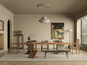 -Ji Feng Home Restaurant Dining Table and Chair Combination 3d model