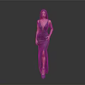 Elegant Woman in Deep Blue Gown with High Slit and High Heels on Gray Background