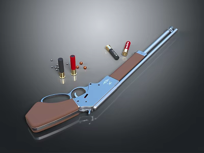 Vintage Rifle With Wooden Stock Metal Barrel And Ammunition Bullets Shells 3d model