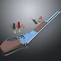 Vintage Rifle With Wooden Stock Metal Barrel And Ammunition Bullets Shells 3d model