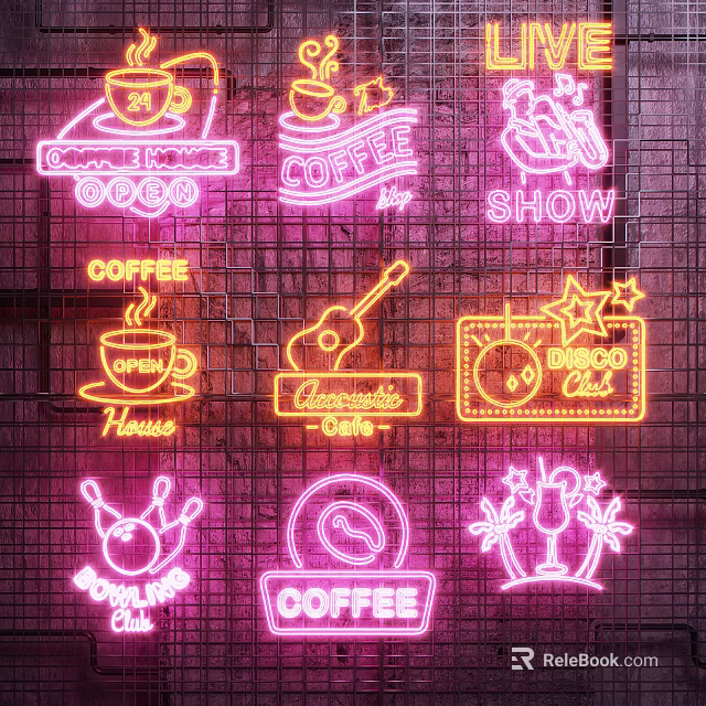 Colorful Neon Decorative Lights With Coffee Guitar Disco Themes For Shop Interior 3d model 
