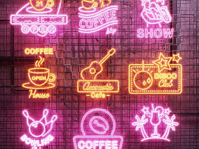 Colorful Neon Decorative Lights With Coffee Guitar Disco Themes For Shop Interior 3d model