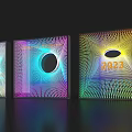 Colorful Neon Photo Check-in Spot with Three Display Panels Radial Patterns Skull Black Circle 2023