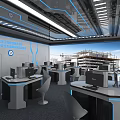 High-Tech Modern Conference Room With Multiple Computers Blue Lighting Desks Chairs And Displays