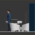 ACME Exhibition Booth Display With Blue Background Orange Accents White Furniture And Man
