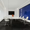 Modern Conference Room Interior With White Table Black Screen Blue Wall And White Chairs