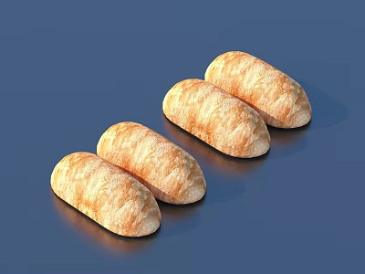 Three Long Freshly Baked Golden Brown Crust Bread Loaves on Blue Background 3d model
