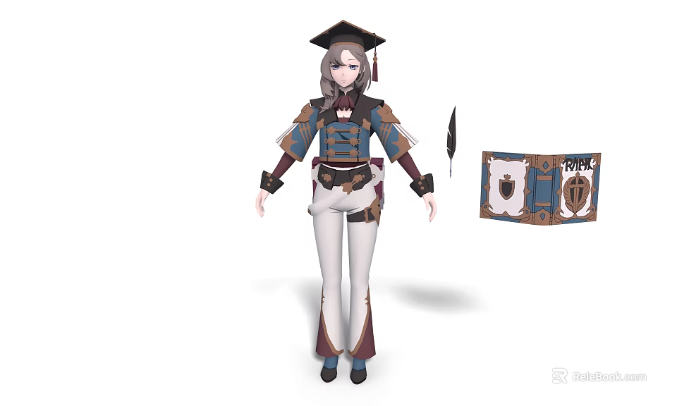 Gray Haired Character Wearing Graduation Cap With Creature Crest Banner And Quill 3d model 