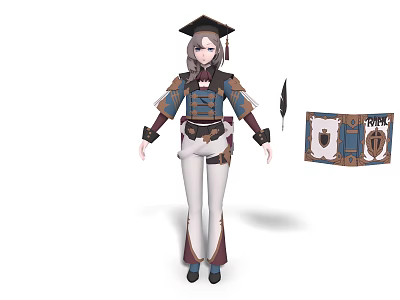 Gray Haired Character Wearing Graduation Cap With Creature Crest Banner And Quill 3d model