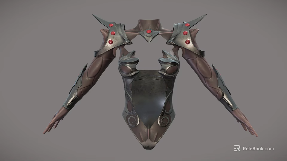 Women's Ornate Metallic Armor With Spiked Shoulders Red Gemstone Details And Armor Plated Arms 3d model 