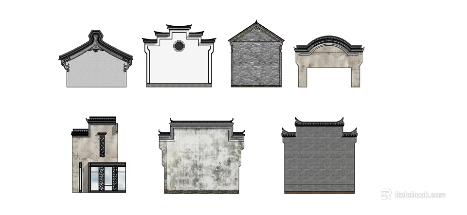 Traditional Building Exterior Walls Showcasing Curved Eaves Brick Textures And Diverse Designs 3d model 