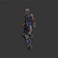 Futuristic Sci Fi Armored Character Wearing Blue Orange Outfit With Mechanical Legs And Horned Helmet