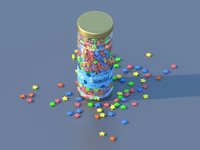 Jar Filled With Colorful Star Shaped Candy And Scattered Stars On Gray Surface 3d model