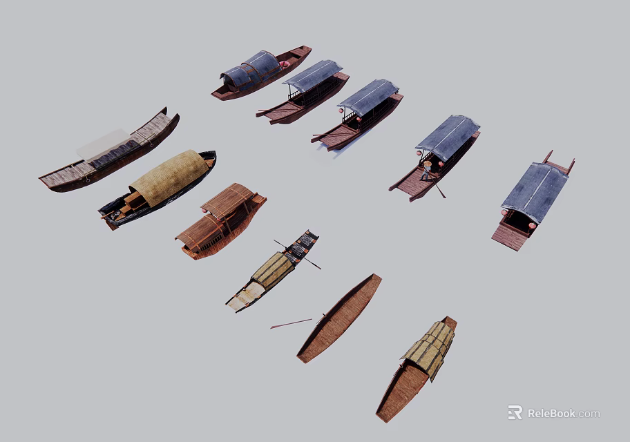 Various Traditional Wooden Boats With Classic Designs And Crafted Hulls 3d model 