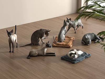 Adorable Reptile Figurines in Various Poses on Wooden Floor with Green Plants and Cushions 3d model