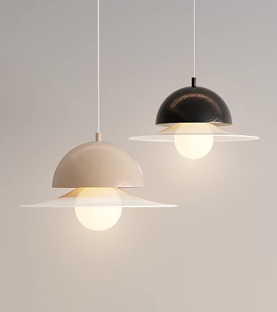 Modern Pendant Lights With Black Beige Dome Shades Transparent Saucers And Glowing Bulbs 3d model