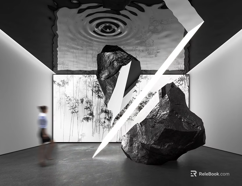 Black Stone Sculpture With White Lines Against Tree Patterns Background And Person Walking Nearby 3d model 