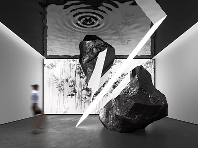 Black Stone Sculpture With White Lines Against Tree Patterns Background And Person Walking Nearby 3d model